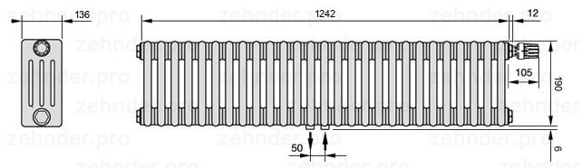 Схема (чертеж) Радиатор Zehnder Charleston 4019/27 №V008 Белый глянцевый RAL 9016